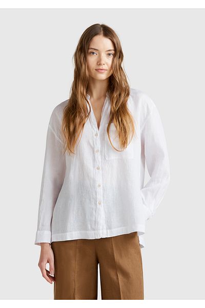 United Colors of Benetton Cămașă albă de damă, 100% in, supradimensionată, cu guler mandarin, cu buzunar în față stânga