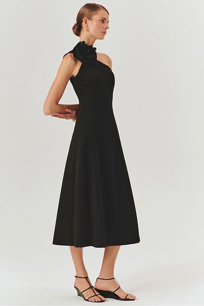 Exquise Black One Shoulder Floral Detailed A-Line Midi Dress