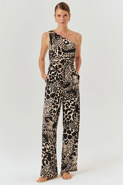Exquise Patterned Regular Jumpsuit with Belt and Buckle Detail