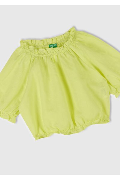 United Colors of Benetton Жълта блуза с къс ръкав от ленена смес за момиче