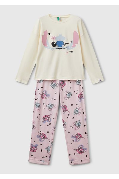 United Colors of Benetton Girls' Pink Printed Top and Patterned Elastic Waist Bottom Pajama Set