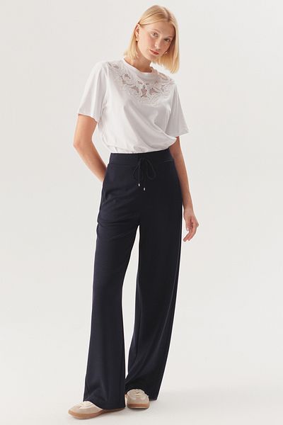 Exquise Relaxed Cut Navy Blue Knitted Trousers with Lacing Detail