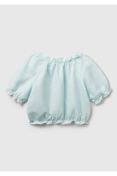 United Colors of Benetton Блуза с къс ръкав, набрана от лен, в аквамариново зелено