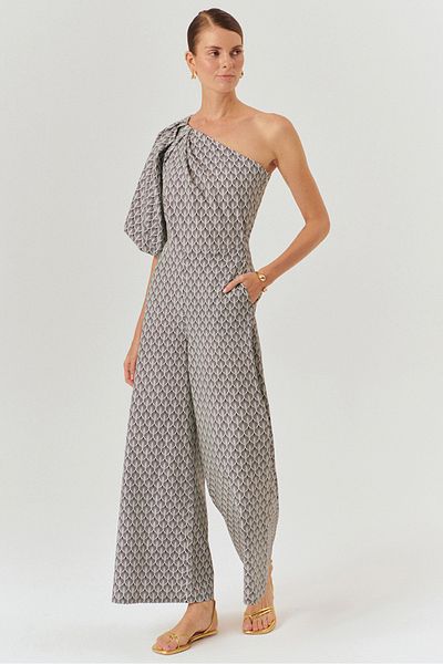 Exquise One Shoulder Balloon Sleeve Patterned Cotton Regular Jumpsuit