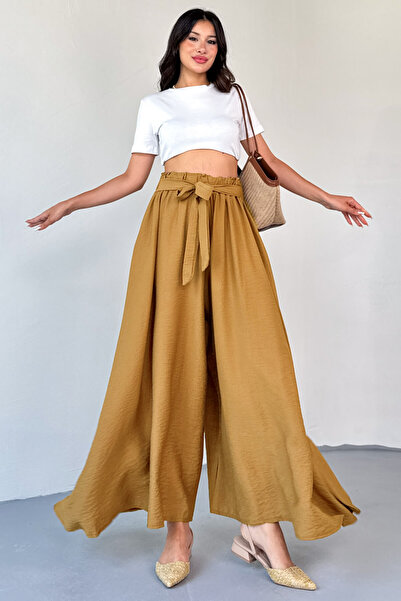 Cappmoda Pnt-07410 Mink Woven Belted Shalwar Skirt Trousers