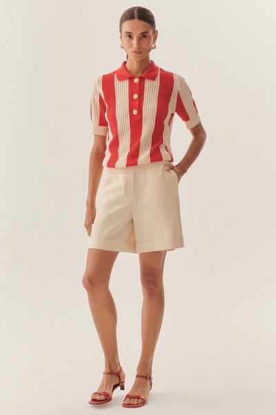 Exquise Gold Button Detailed Polo Collar Sweater Blouse