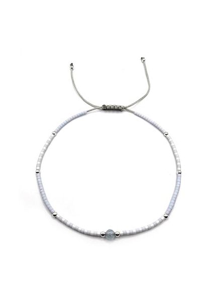 Lexy's Boutique Ankle Bracelet, Handmade, Sterling Silver 925, Adjustable, Miyuki Beads and Aquamarine, Blue/White