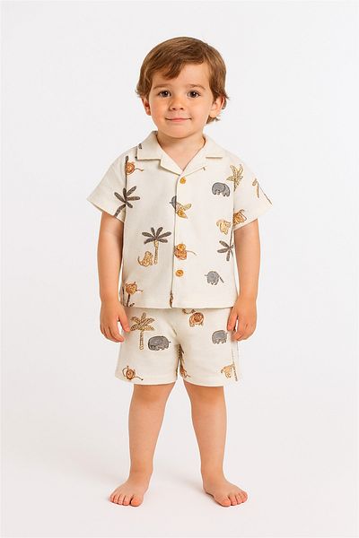 Motebarn Wear Boy's Animal Patterned Woven Shirt-Shorts Suit White