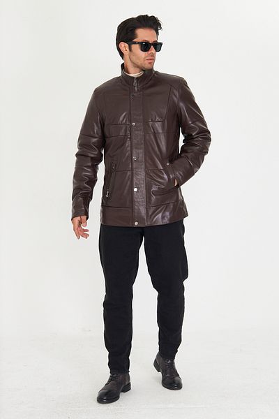 By Marki Marki Men's Brown Genuine Leather Puffer Coat – Zipper and Snap Closure, Lined, Regular Fit