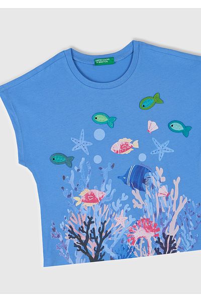 United Colors of Benetton Girl's Blue Crochet Detailed Kimono Sleeve T-Shirt