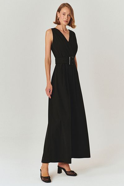 Exquise Black V-Neck Cotton Jumpsuit with Belt Detail