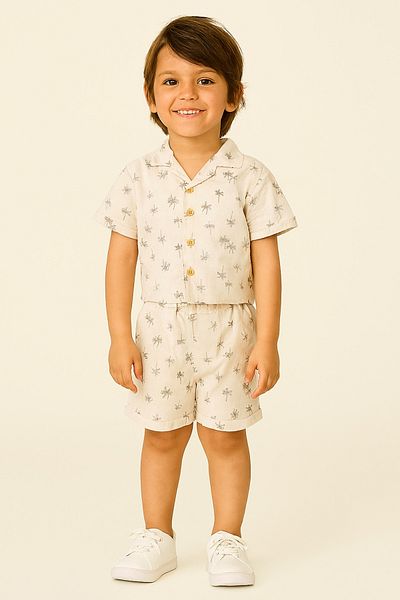 Motebarn Wear Boys Linen Cotton Palm Patterned Shirt-Shorts Top and Bottom Set White