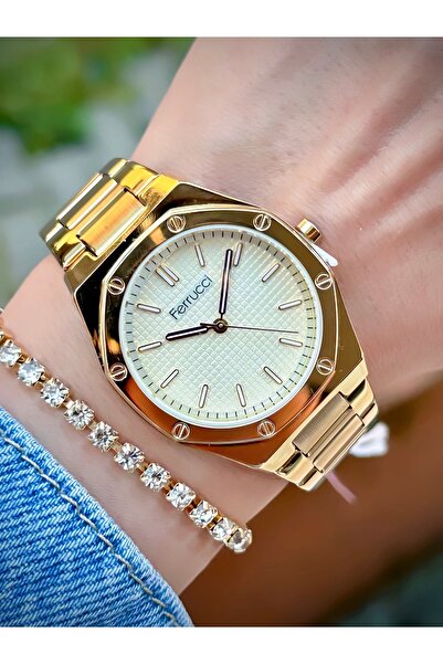 Ferrucci 2 Yıl Garantili Kadın Kol Saati Su Geçirmez Çelik Kordon Altın Gold Renk Bileklik Hediyeli