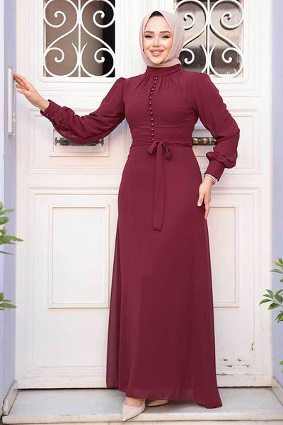 Neva Style Button Detailed Cherry Hijab Dress 2703Vsn
