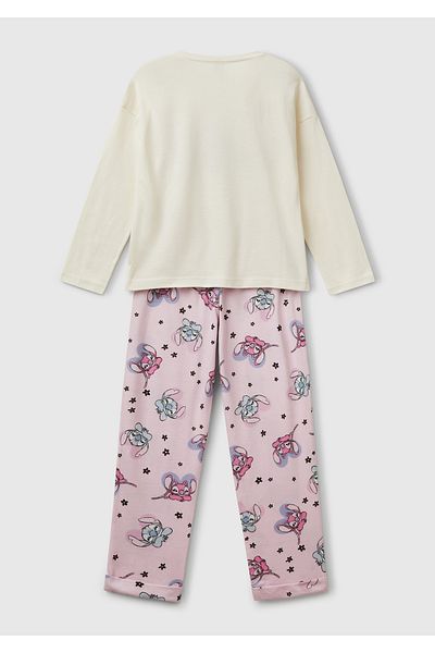 United Colors of Benetton Girls' Pink Printed Top and Patterned Elastic Waist Bottom Pajama Set