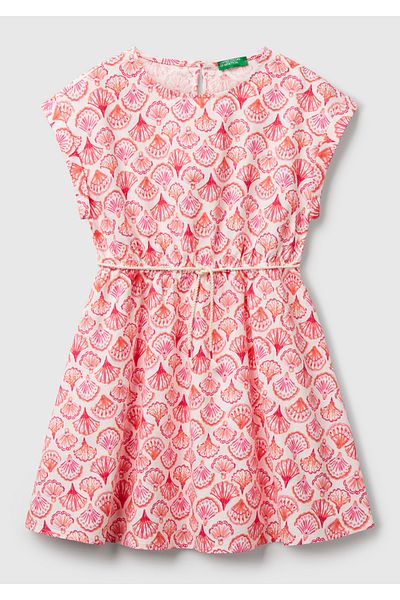 United Colors of Benetton Girls Pink Patterned Elastic Waist Drawstring Short Sleeve Dress