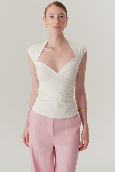 Exquise Double Breasted Collar Slim Fit White Blouse