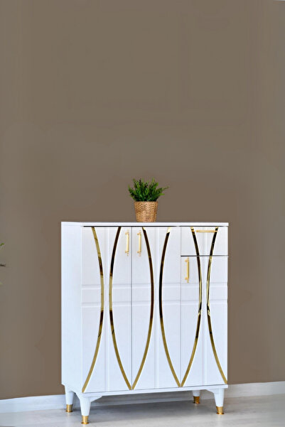 Nevamobilya Ada Ayakkabılık Beyaz Gold Şeritli 3 Kapaklı 1 Çekmeceli 90x32x105 Cm
