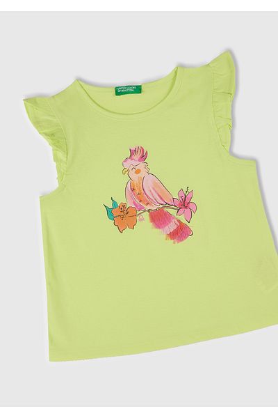 United Colors of Benetton Girl's Yellow Front Printed Pleated Sleeve T-Shirt