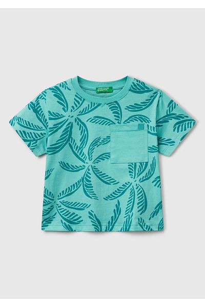 United Colors of Benetton Boy's Dark Green All Patterned T-Shirt with Front Pocket and Logo Tag Detail