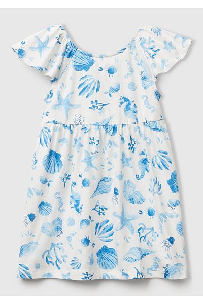 United Colors of Benetton Girl's Blue Patterned Dress with Bow Front Sleeves and Skirt Pleated