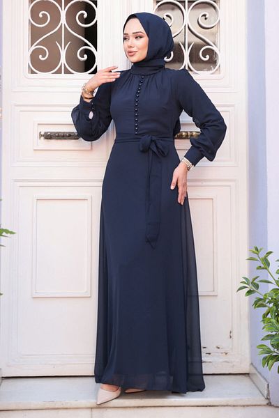N.S NEVA STYLE Κουμπί Λεπτομερές Σκούρο Μπλε Φόρεμα Hijab 2703KL