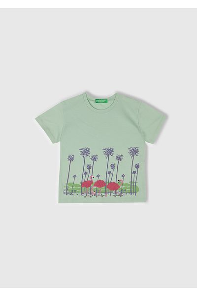 United Colors of Benetton Girl's Water Green Front Printed Tulle Appliqued Slit T-Shirt