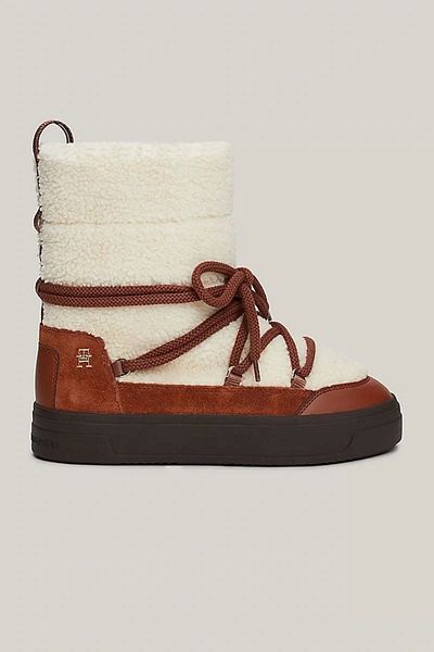 Tommy Hilfiger Cizme maro pentru femei Faux Shearling cu șireturi