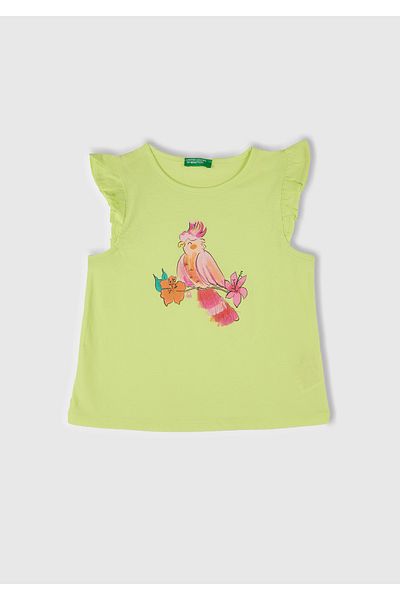 United Colors of Benetton Girl's Yellow Front Printed Pleated Sleeve T-Shirt