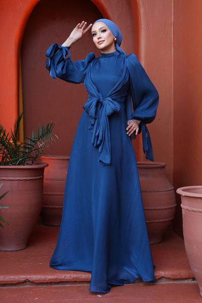 N.S NEVA STYLE Βραδινό φόρεμα Hijab Navy Blue με λεπτομέρεια δεμένη 52223L