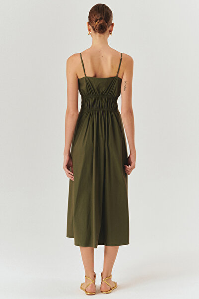 Exquise A-Line Khaki Dress with Gather Detail and Waist Fitting