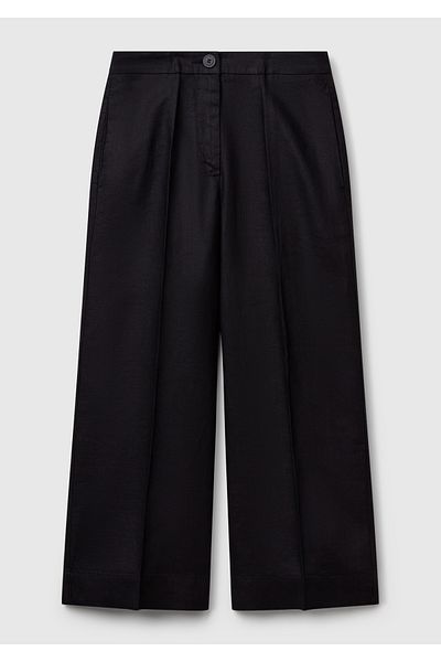 United Colors of Benetton Women's Black 100% Linen Buttoned Zippered Flared Trousers with Cut-Out Legs