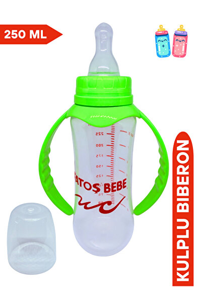 Fatoş Bebe Şeffaf Silikon Uçlu Kulplu Biberon, Yeşil Rengi, 250 ml
