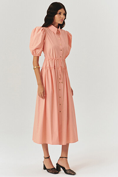 Exquise Balloon Sleeves Waist Seat Salmon Midi Length Shirt Dress