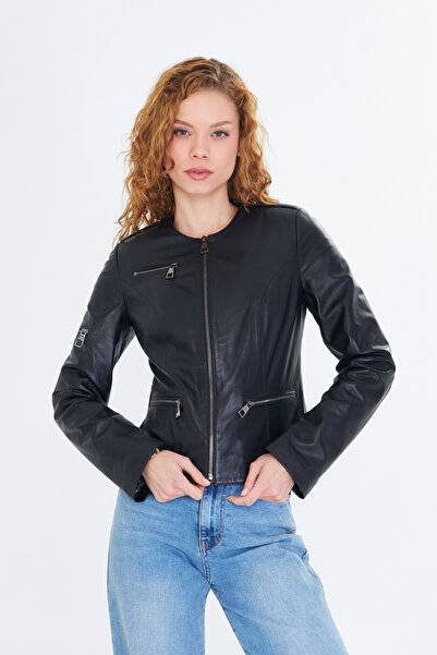 By Marki Marki Siyah Kadın Hakiki Süet Mont Yakasız Fermuar Detaylı Hakiki De...