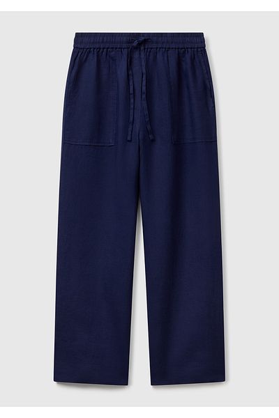 United Colors of Benetton Women's Navy Blue 100% Linen Drawstring Pocket Trousers