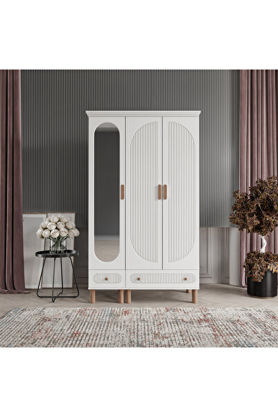beenal Bohem 3 Kapılı Gardırop Çekmeceli Dolap 120cm - Beyaz/beyaz