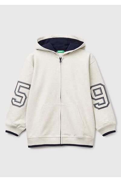 United Colors of Benetton Boy's Light Gray Melange Embroidery Detailed Cuffed Hooded Sweatshirt