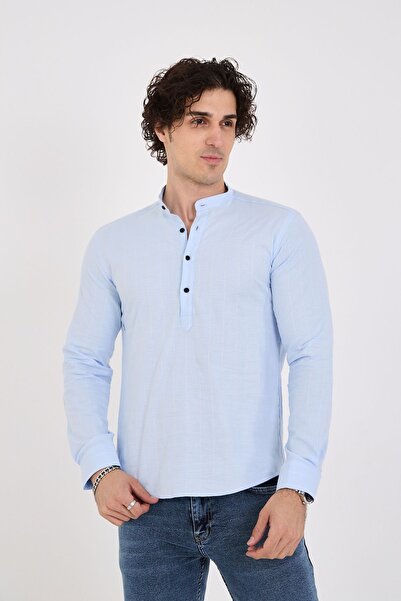 jack carisma Slim Fit Mavi Yarım Pat Hakim Yaka Esnek Pamuklu Erkek Gömlek