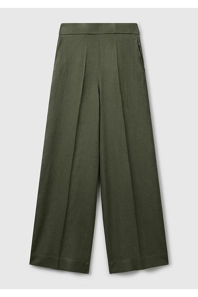 United Colors of Benetton Women's Khaki 100% Linen Palazzo Trousers with Side Pockets and Elastic Back Waist