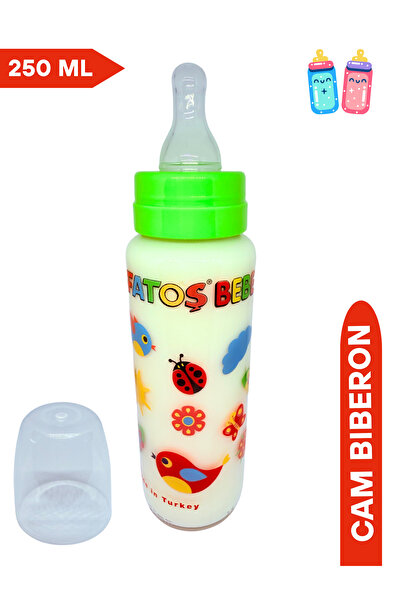 Fatoş Bebe Cam Biberon, Desenli, Yeşil Rengi, 250 ml