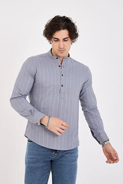 jack carisma Ανδρικό πουκάμισο ελαστικό βαμβακερό Slim Fit Half Grey - Ζωντανός γιακάς