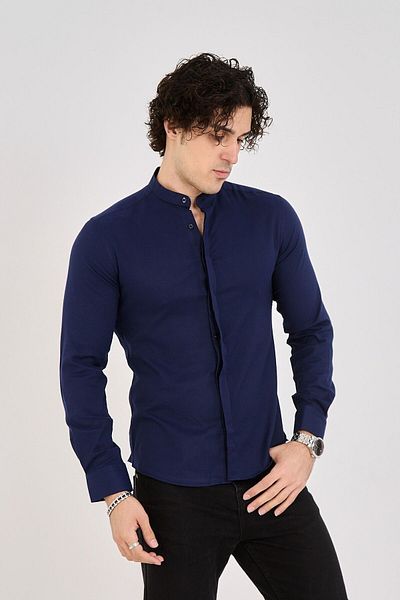 jack carisma Ανδρικό βαμβακερό πουκάμισο Navy Blue Slim Fit Judge Collar - Κρυφή Πατιλέτα