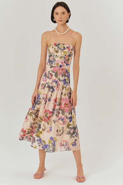 Exquise Kemer Detaylı Çiçek Desenli Straplez Midi Elbise