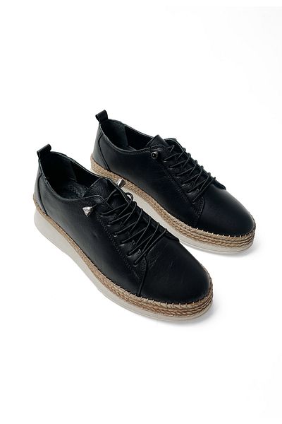 RABU Black Women's Genuine Leather Hidden Heels Straw Detailed Orthopedic Daily Casual Shoes