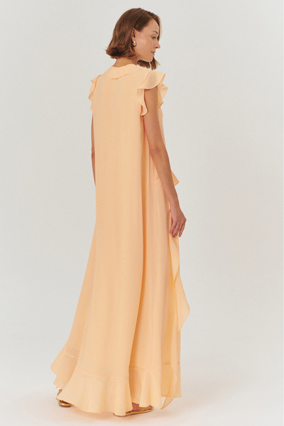 Exquise Fringe Detailed V-Neck Regular Salmon Long Dress
