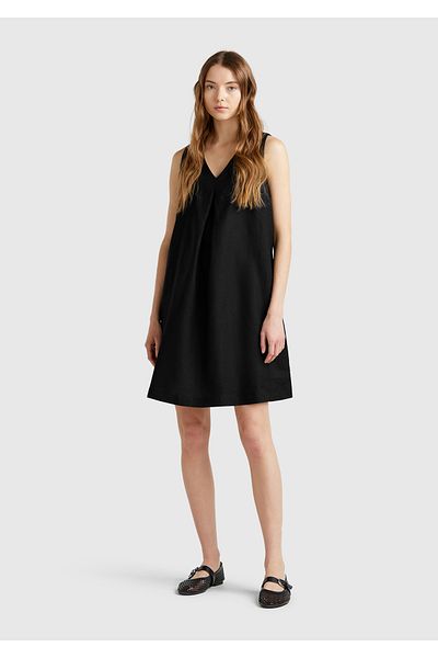 United Colors of Benetton Women's Black 100% Linen Side Zipper A-Line V-Neck Short Dress
