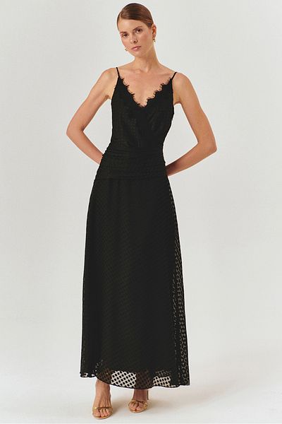 Exquise Polka Dot Detailed Waist Fitted Strap Black Midi Dress