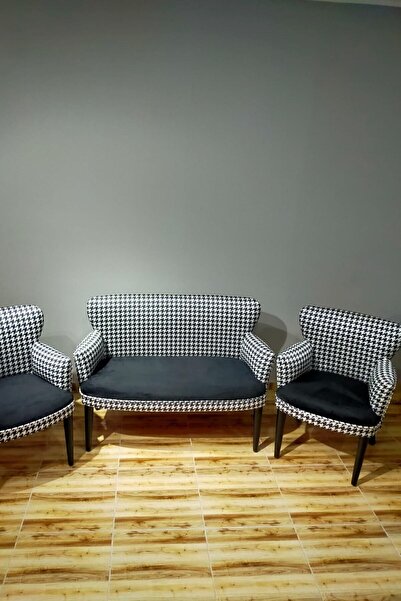 Azra Aksesuar Siyah Desenli Kareli Çay Seti Koltuk Takımı Salon Balkon Kafe O...