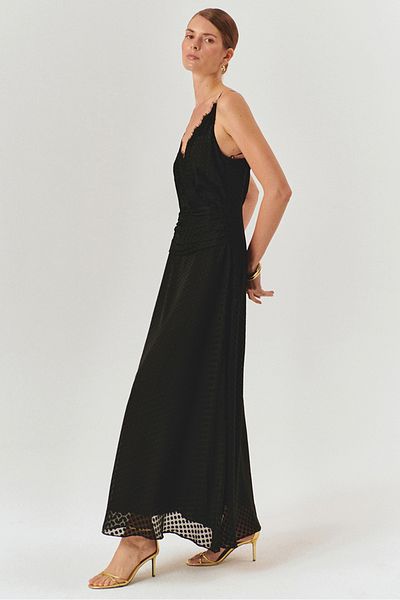 Exquise Polka Dot Detailed Waist Fitted Strap Black Midi Dress
